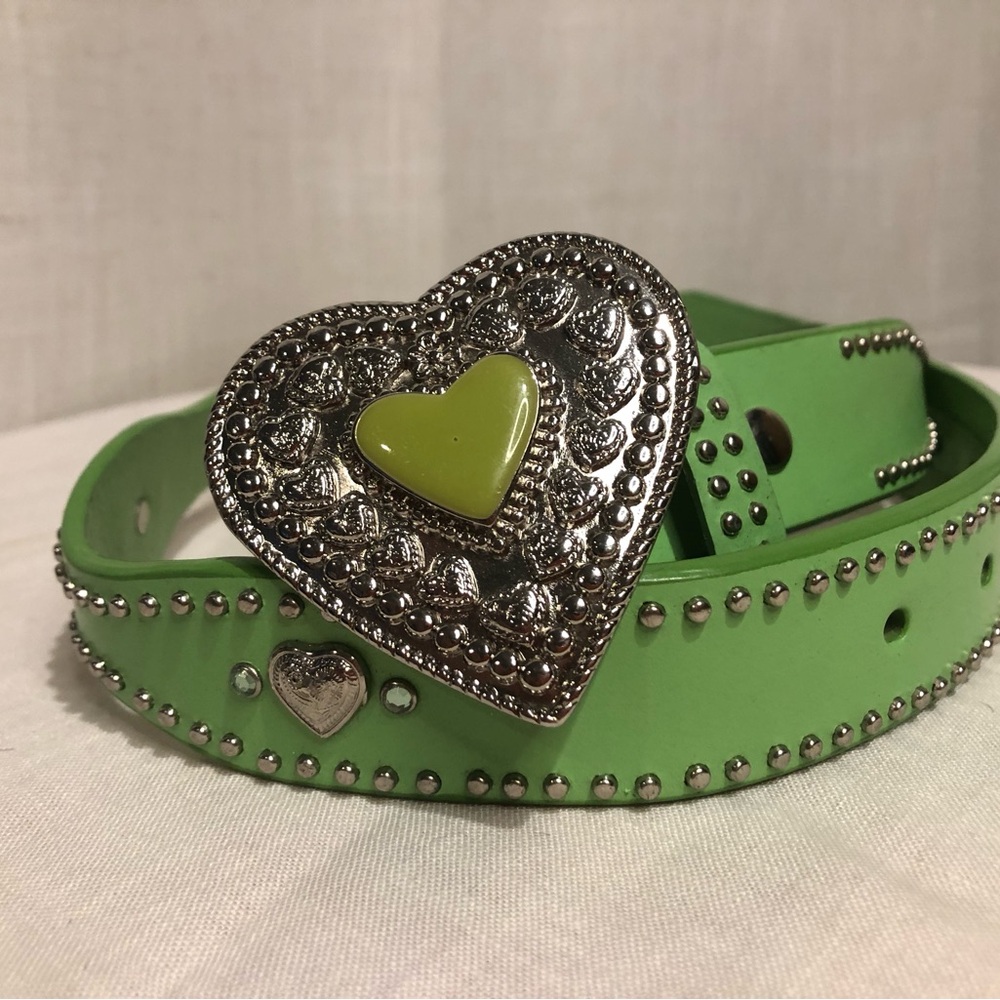 Vtg Nocona Lime Green Heart Studded Belt with Enamel Heart Buckle